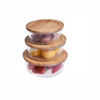 3 PCS GLASS BOWL ROUND WOODEN LID 2