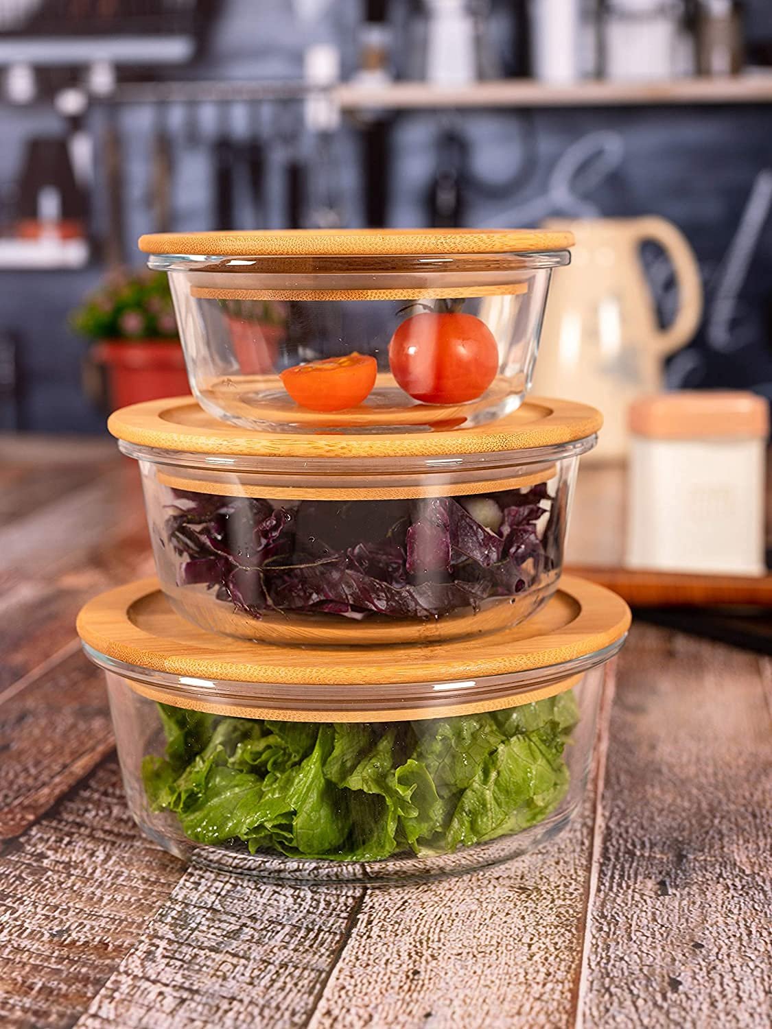 3 PCS GLASS BOWL ROUND WOODEN LID 5