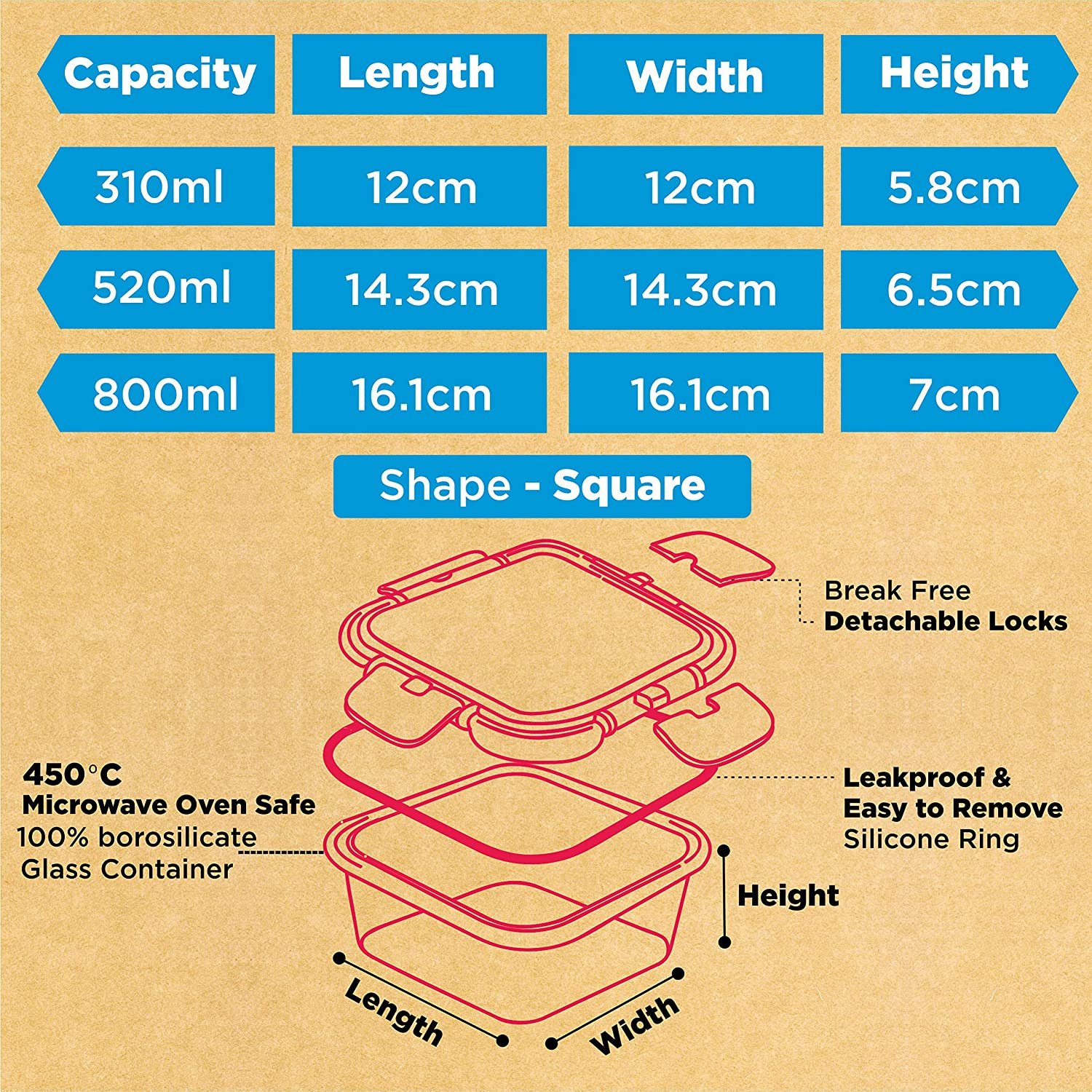 Square Lunch Box Food Storage Container  (3 PIS SET) 5