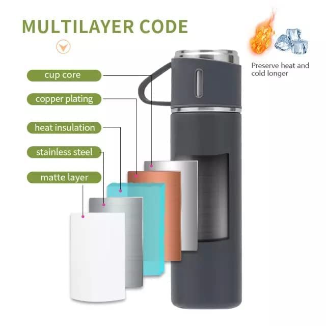 Steel Vacuum Flask Set with 3 Steel Cups Combo 3