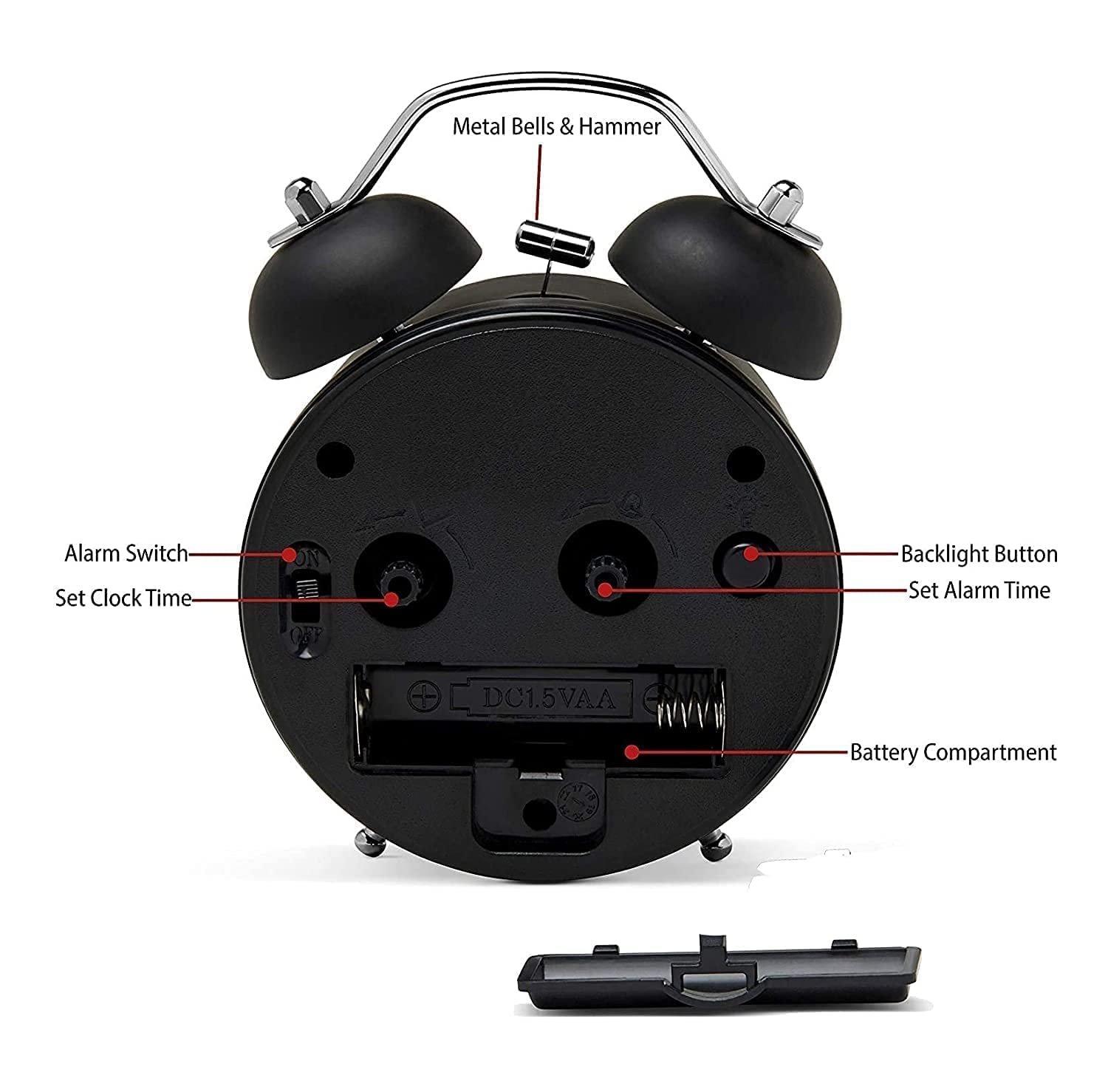 TWIN BELL ALARM CLOCK BLACK WHITE 9